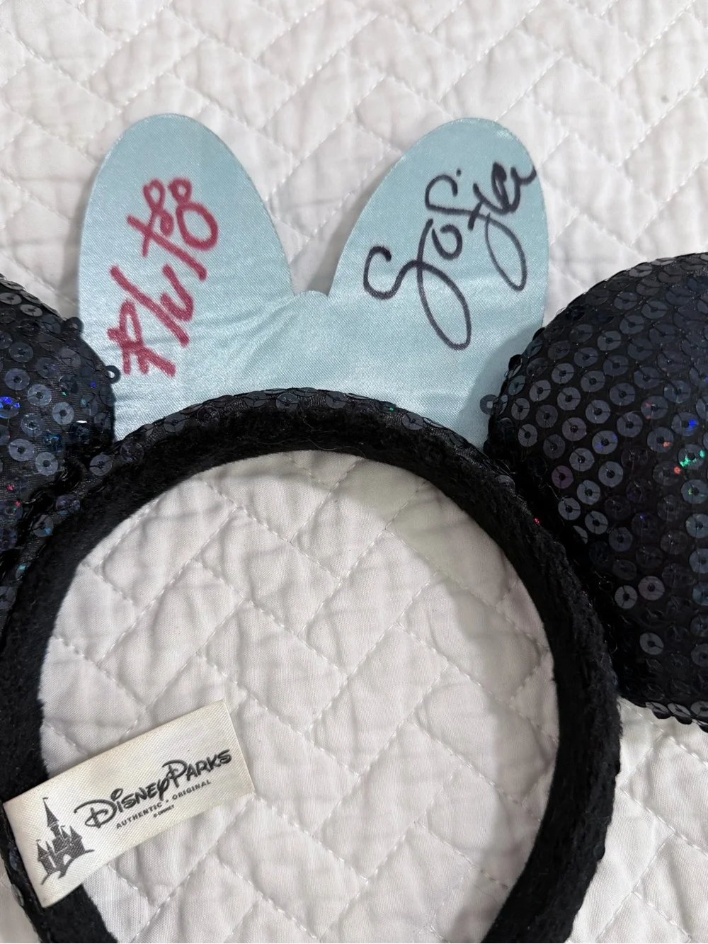 Disney Parks Black Sequin Minnie Ears Blue Jeweled Bow Headband Signed